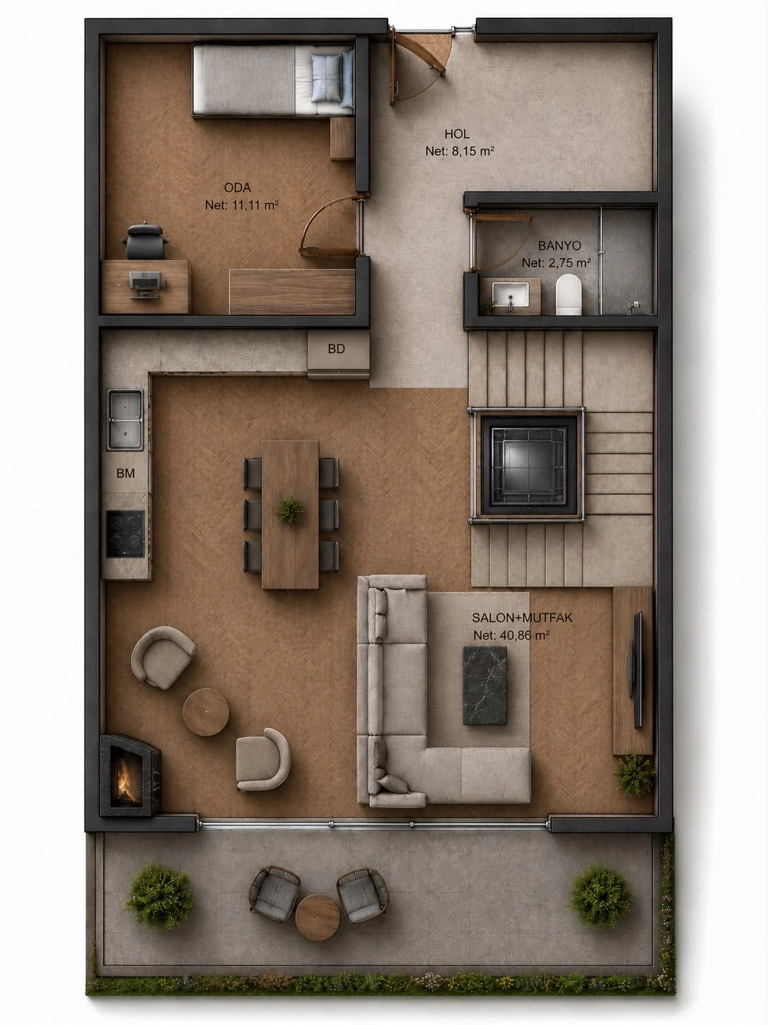 Bahçe Kat planı — brüt 85 m², net 69 m²