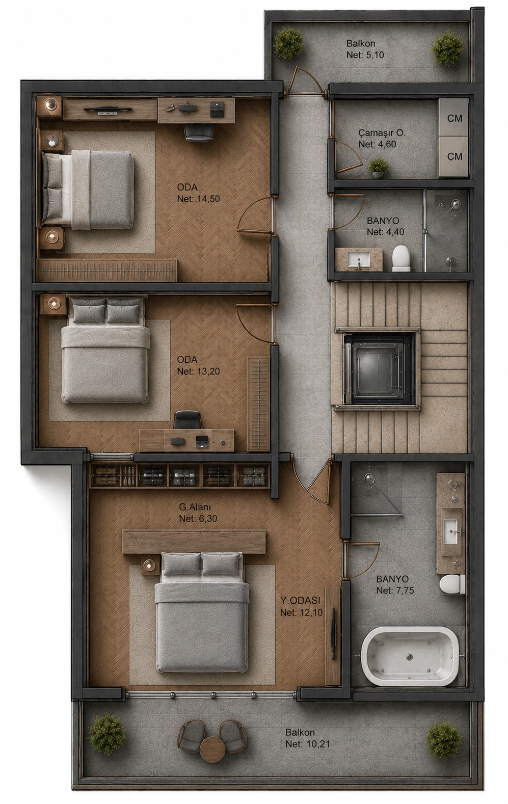 Üst Kat planı — brüt 90 m², net 78,16 m²