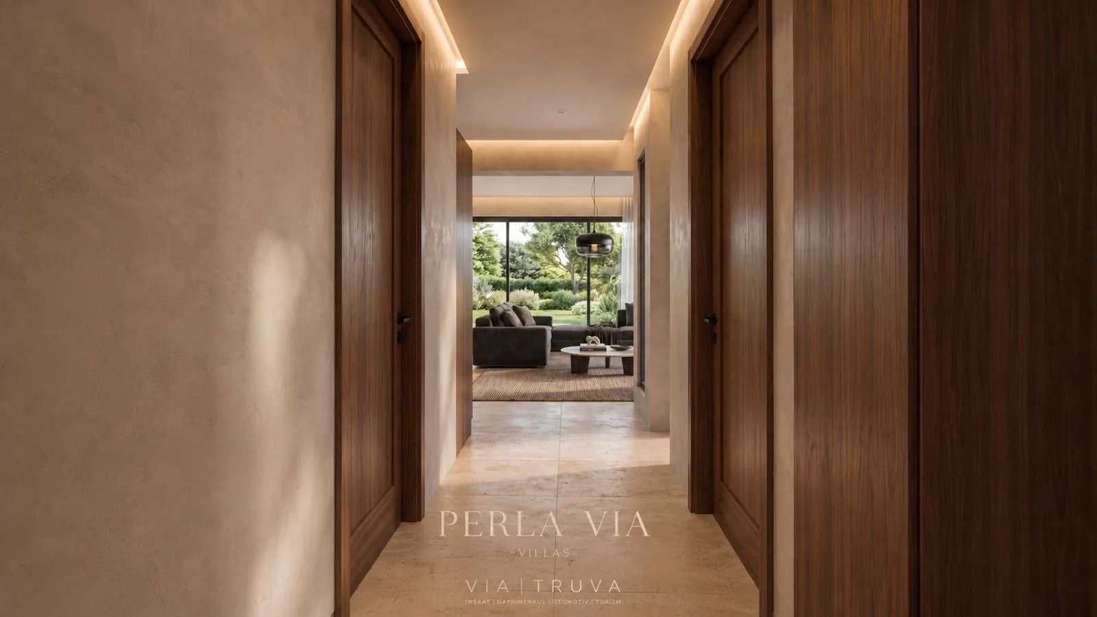 Perla Via Villas iç mekân, doğal taş ve ahşap detaylar